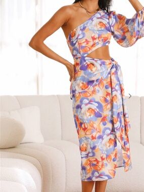Hello Molly Floral One-Shoulder Cutout Sarong Cover-Up in Lavender & Orange